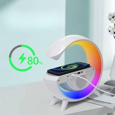 Lampa Smart LED RGB si Incarcator Wireless 15W, Lumini Ambientale, Sincronizare muzicala, Difuzor 5W, Muzica Bluetooth, USB, FM Radio, MicroSD, AUX, Afisaj Ceas Digital, Alarma, Alb